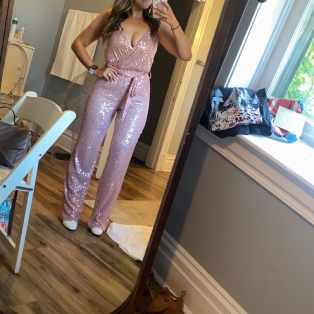 Fashion Nova pink sequin jumpsuit size small